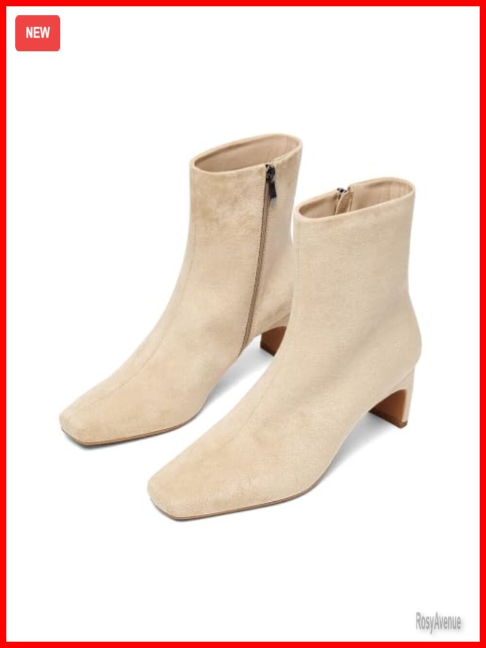 Square Toe Ankle Boots Chunky Block Heel Side Zip Faux Suede Booties